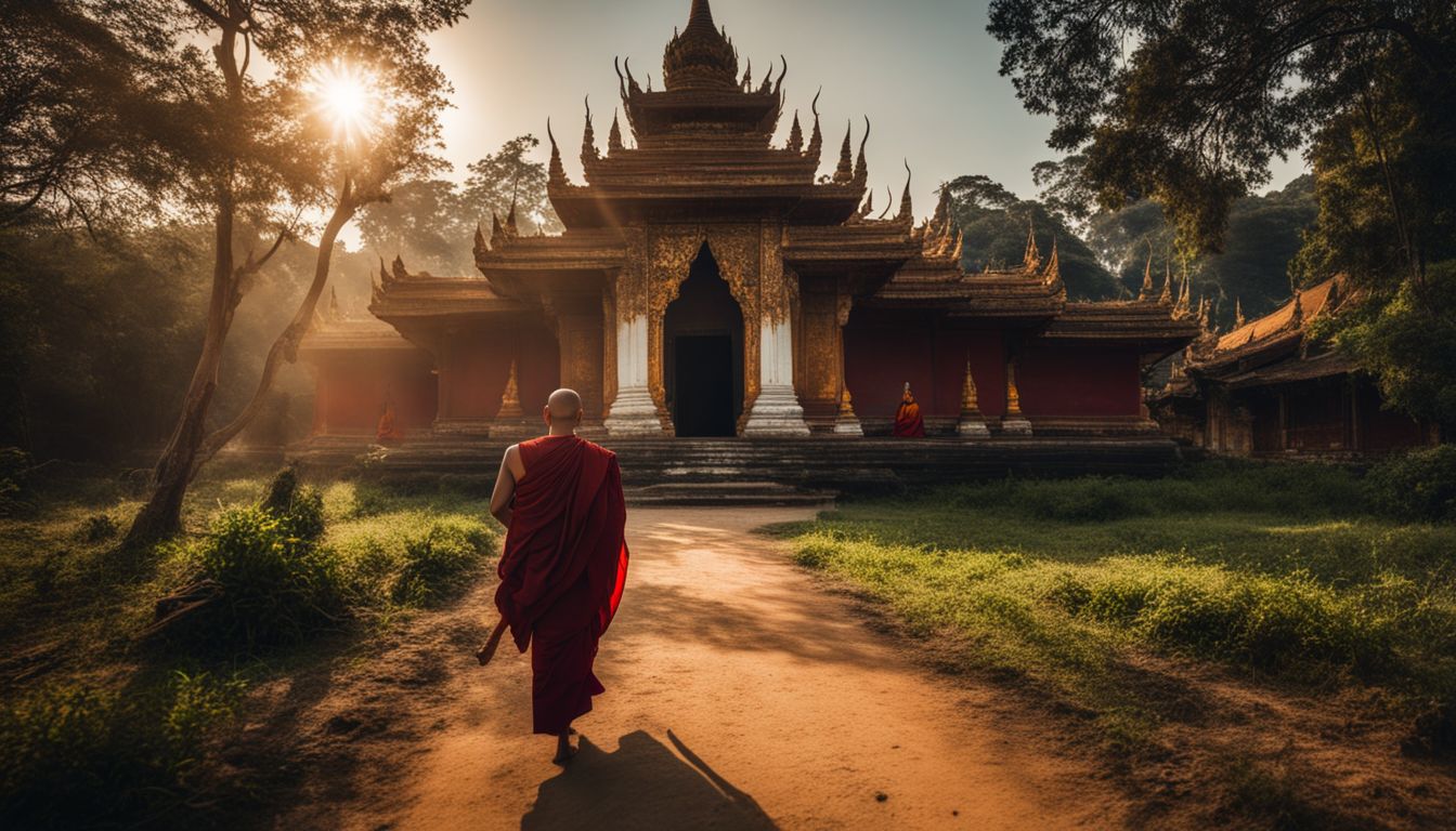 Buddhist monks walking in front of a temple in rural Myanmar create a bustling and vibrant atmosphere.