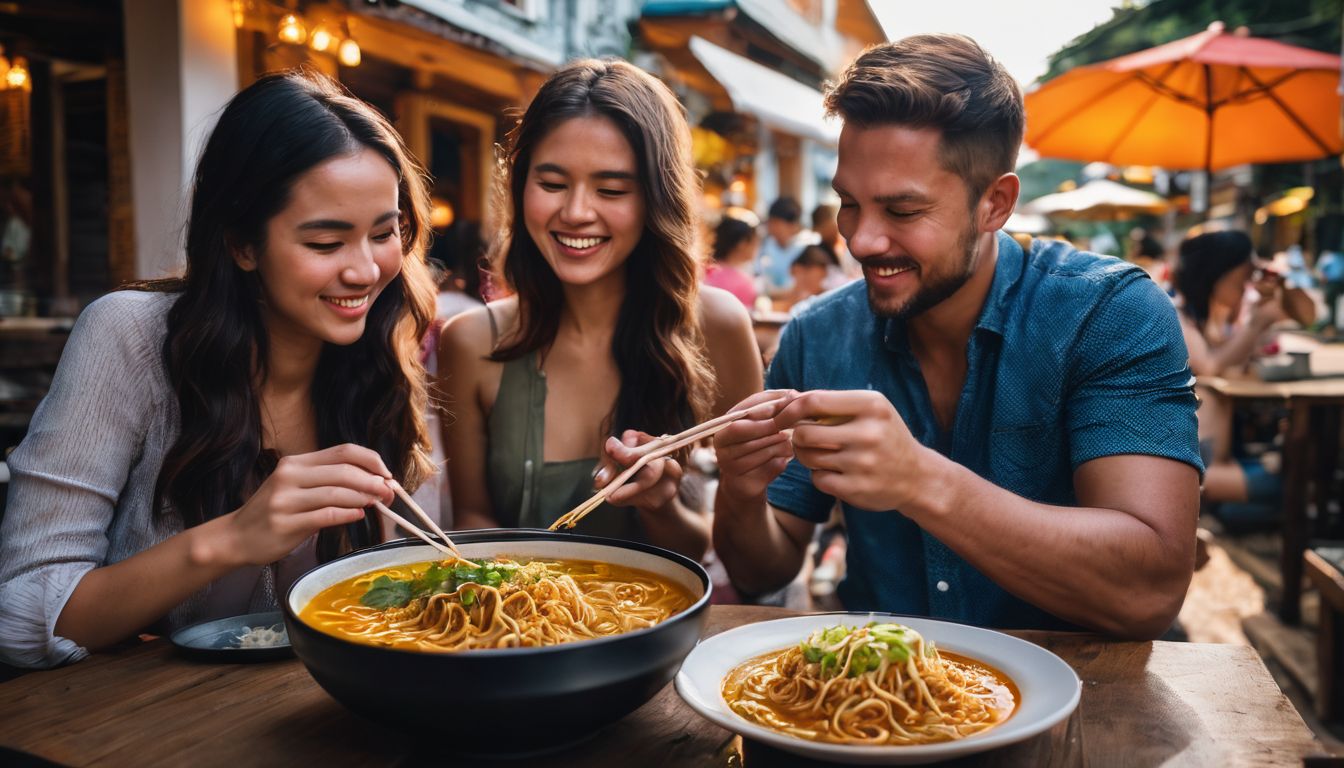 A group of locals enjoying a bowl of khao soi at an outdoor restaurant in Chiang Mai.