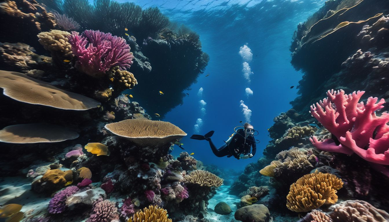 A diverse group of divers explores a vibrant coral reef, capturing its beauty and bustle through stunning underwater photography.
