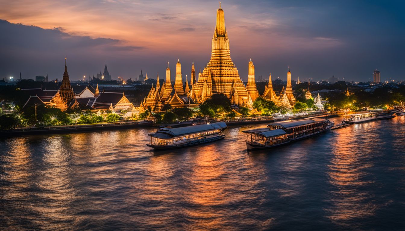 The photo captures the stunning details of the Wat Arun spires reflected in the Chao Phraya River.
