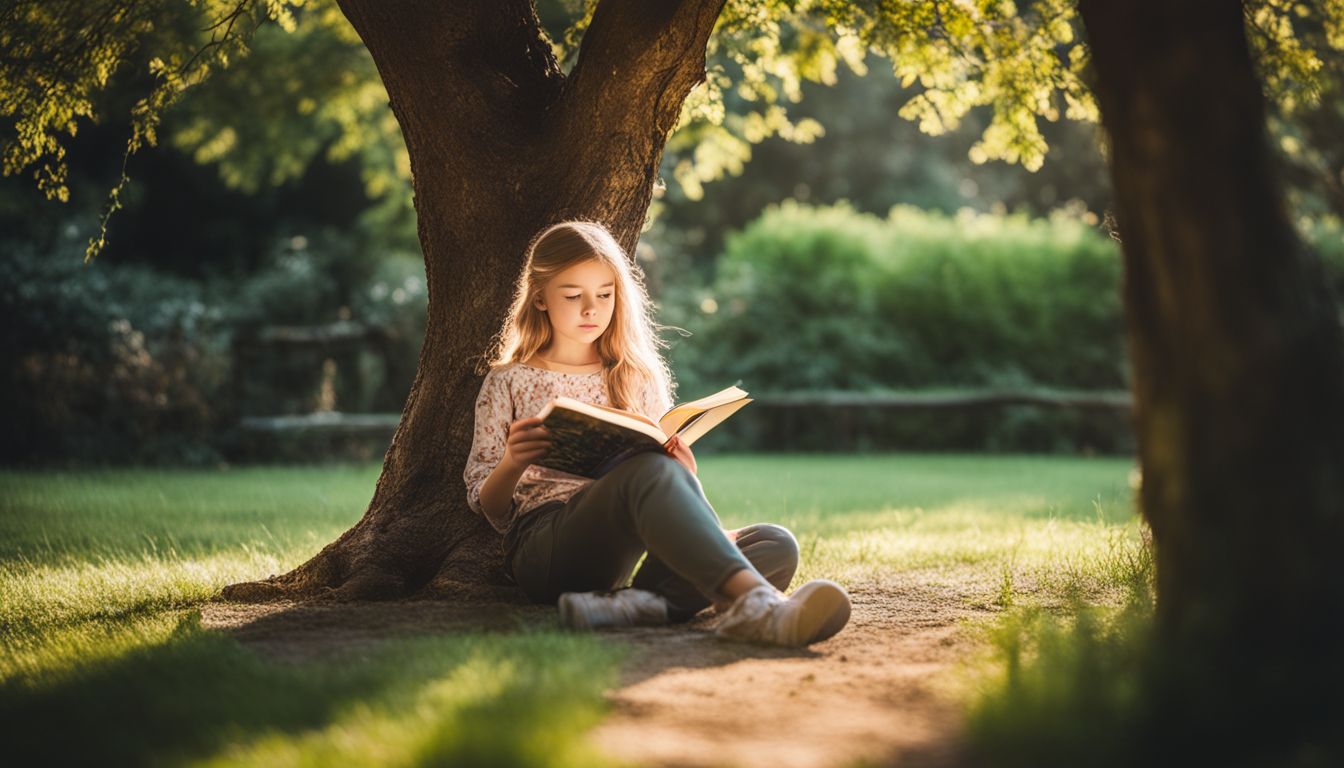 A young girl enjoys a peaceful moment of reading in a beautiful garden surrounded by nature.