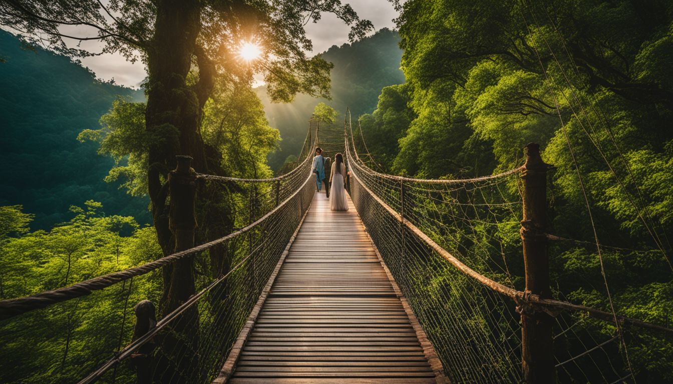 A photo of the Parjatan Hanging Bridge surrounded by lush green trees, capturing a bustling atmosphere with diverse individuals.