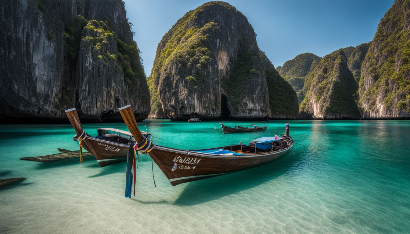 A vibrant photo of Maya Bay, with clear water reflecting limestone cliffs, featuring diverse people, outfits, and hairstyles.