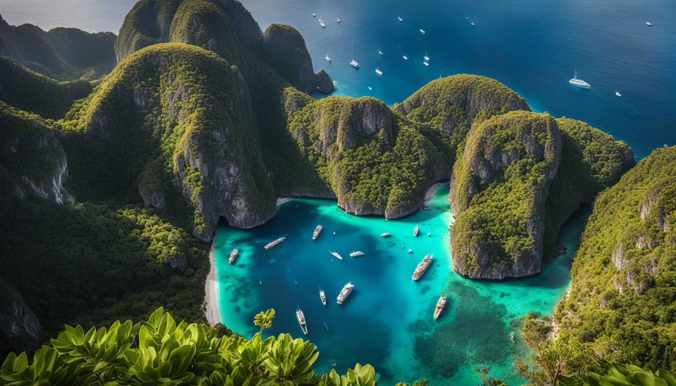 The photo captures the stunning aerial view of Maya Bay with its emerald green waters and towering cliffs.
