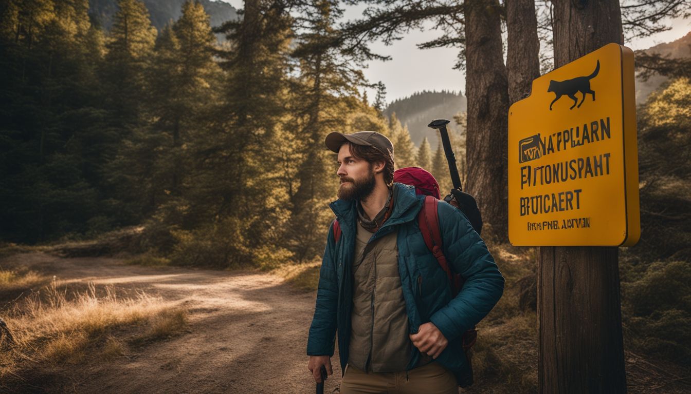 A hiker stands in front of a national park entrance sign, holding a permit, ready for an adventure.