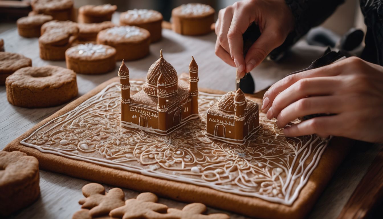 A blogger carefully assembles gingerbread pieces to create a mosque.