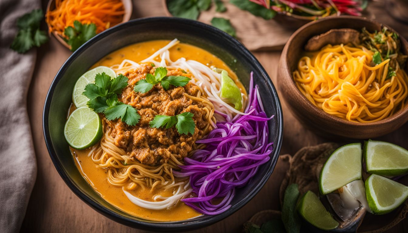 A photo of a delicious bowl of Khao Soi Lam Duan surrounded by colorful Northern Thai ingredients.
