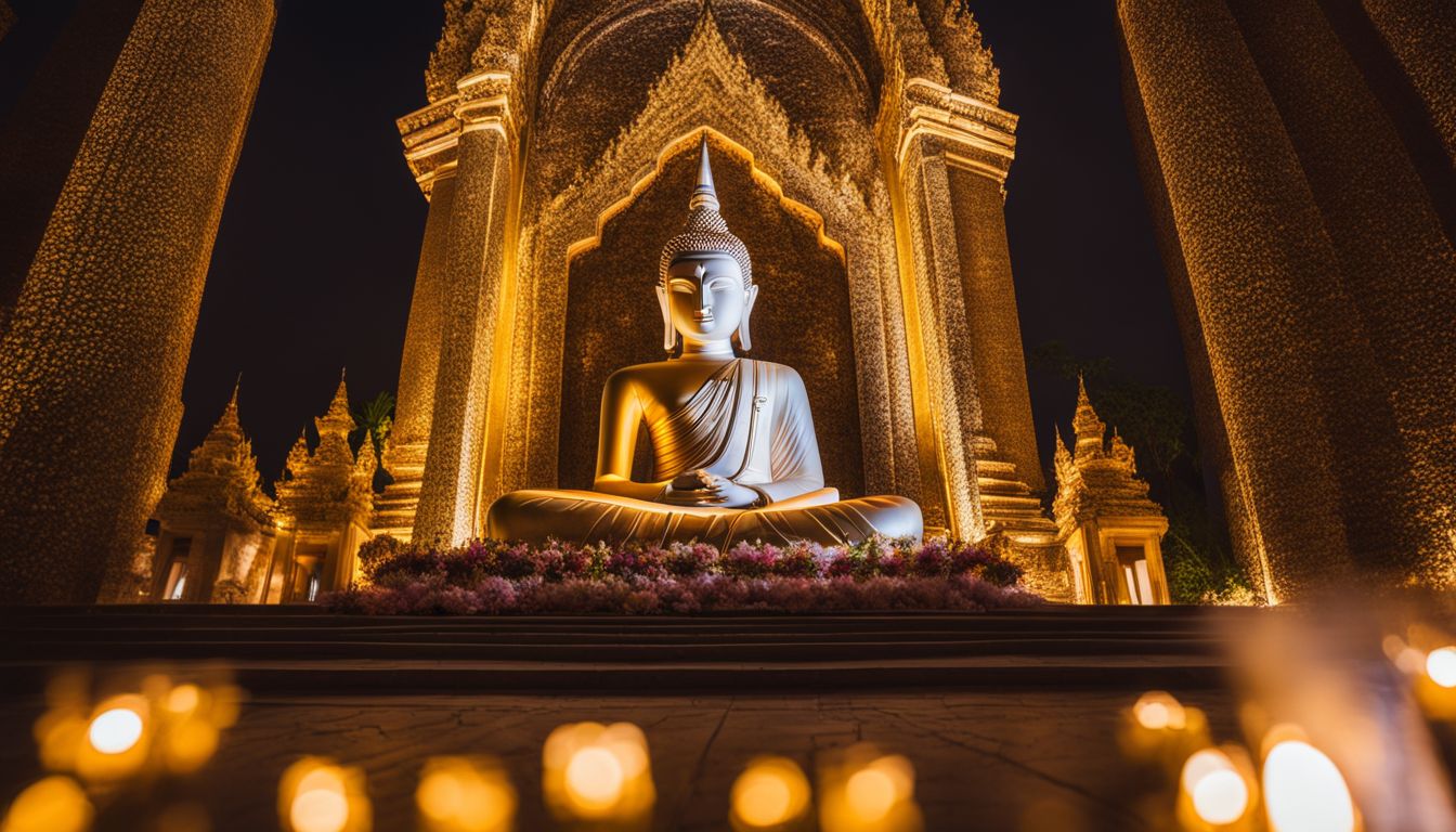 The photo captures the Phra Phuttha Chinnasi statue at Wat Bowonniwet Vihara in a bustling atmosphere.