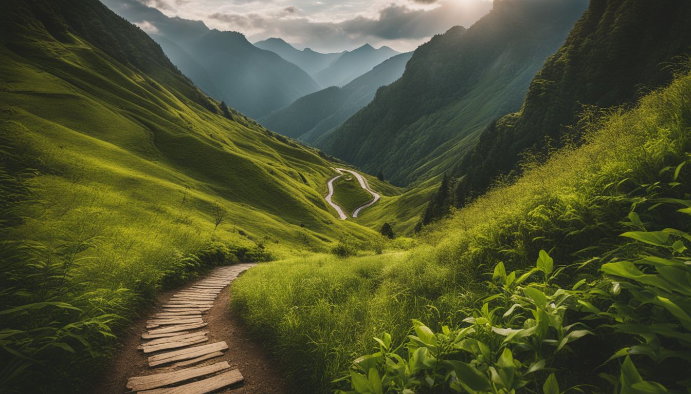 A photo of a mountainous trail with lush greenery, winding paths, and a bustling atmosphere.