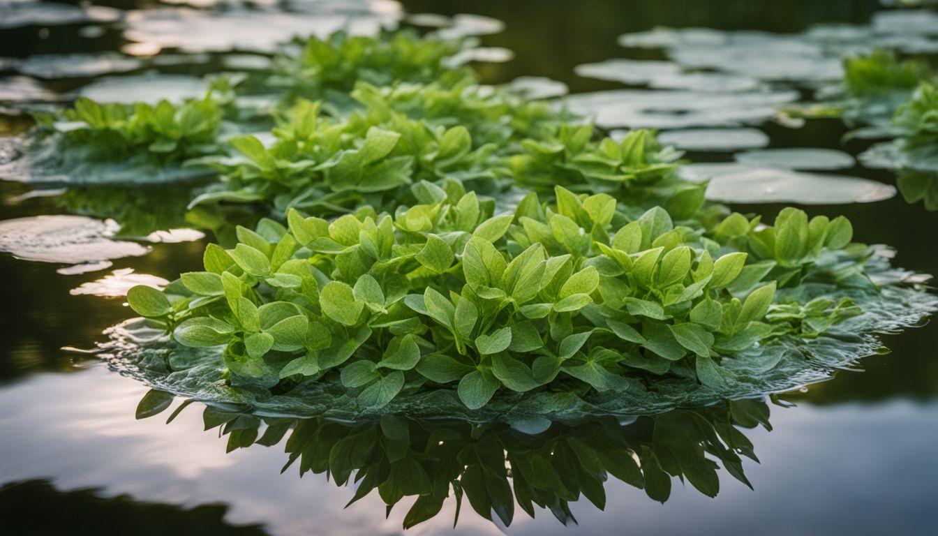Close-up shot of multiple tiny green Wolffia globosa plants floating on the surface of a calm pond.