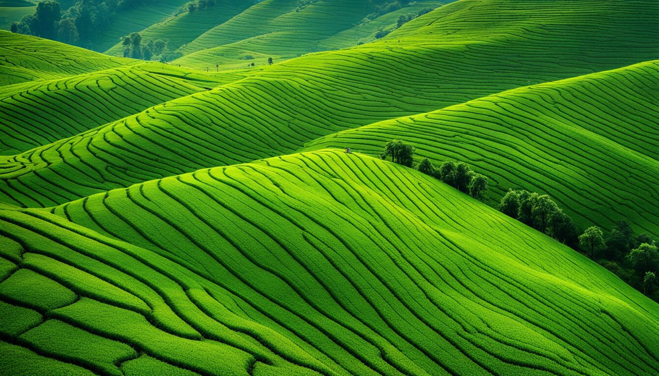 A stunning aerial photograph showcases the lush green tea gardens of Sylhet, capturing the unique beauty of the region.