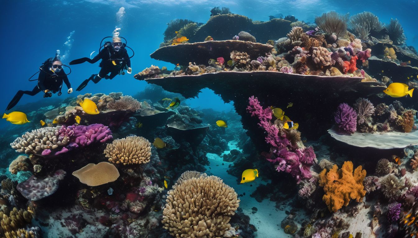 A group of divers explore the vibrant coral reefs at Sail Rock in colorful wetsuits.