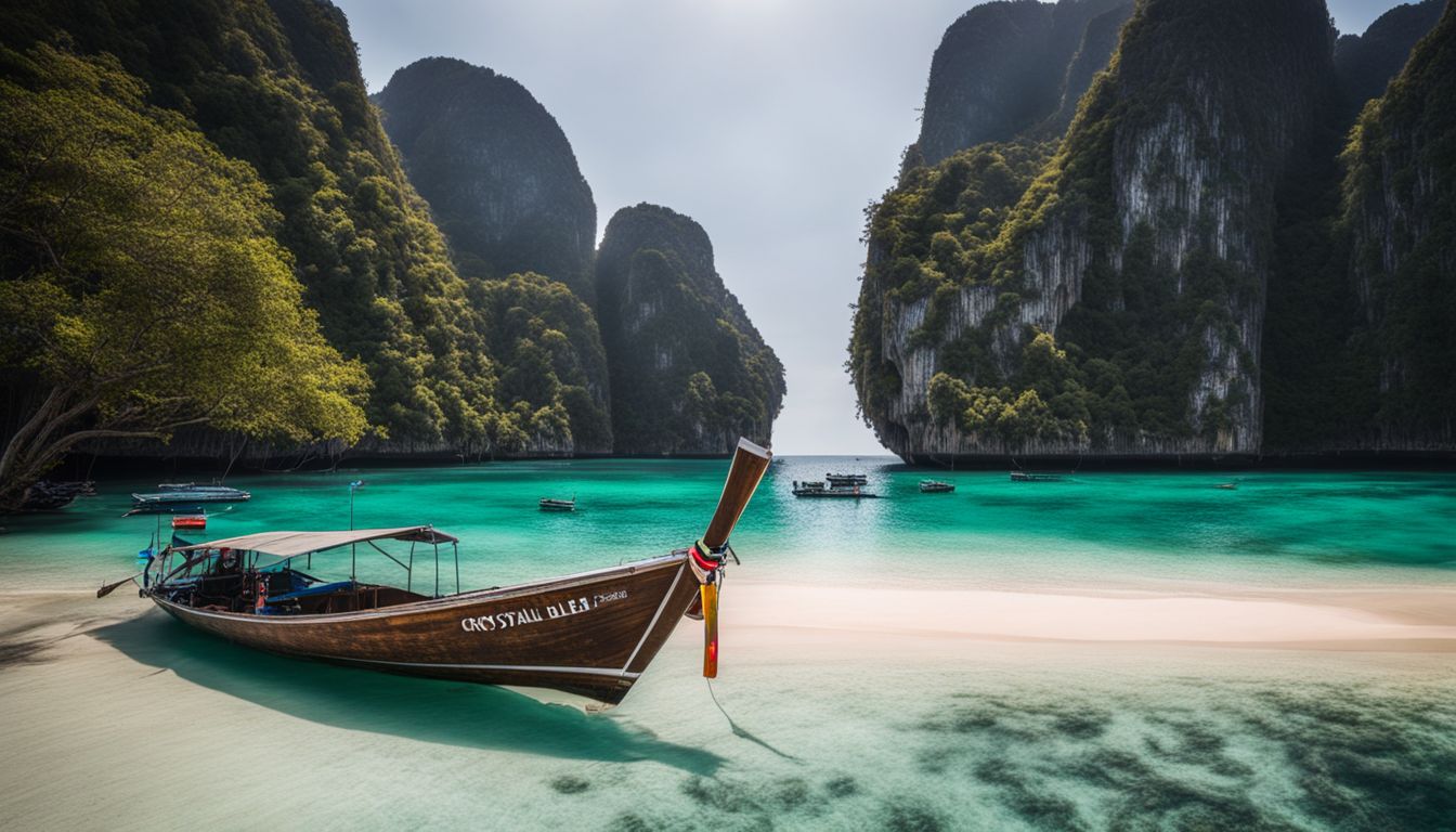 A stunning photograph of the Phi Phi Islands with clear waters and dramatic limestone cliffs.