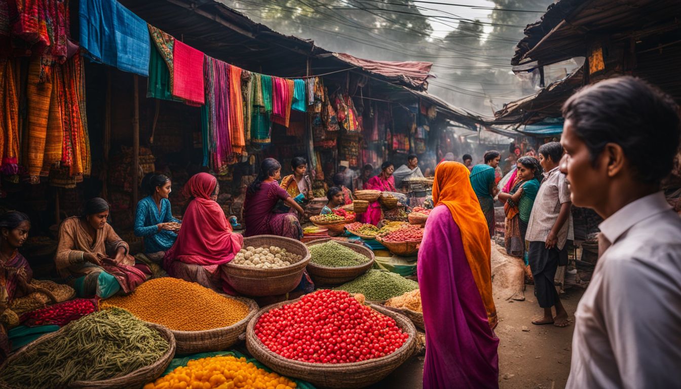 A colorful traditional market in Bangladesh with vibrant textiles, local produce, and a bustling atmosphere.