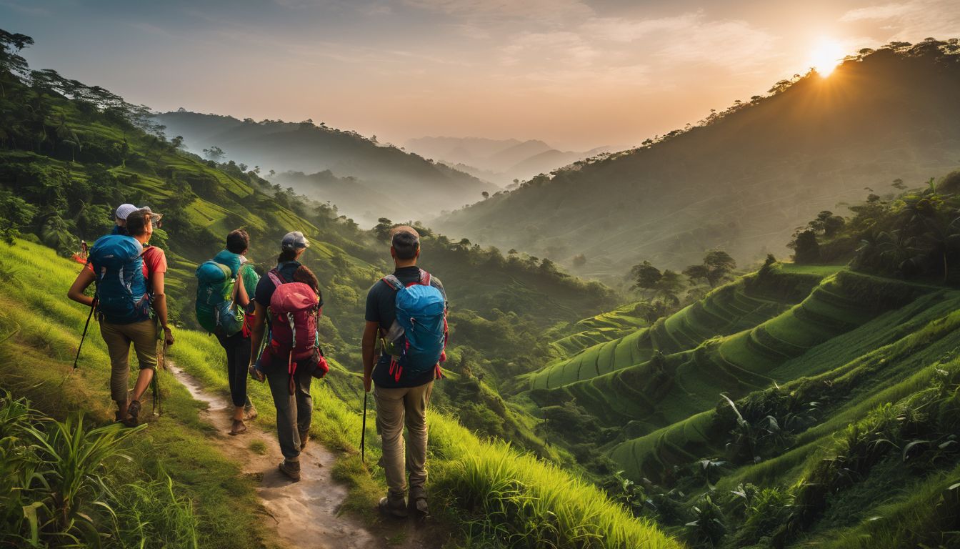 A diverse group of hikers enjoy the stunning landscapes of Bangladesh.