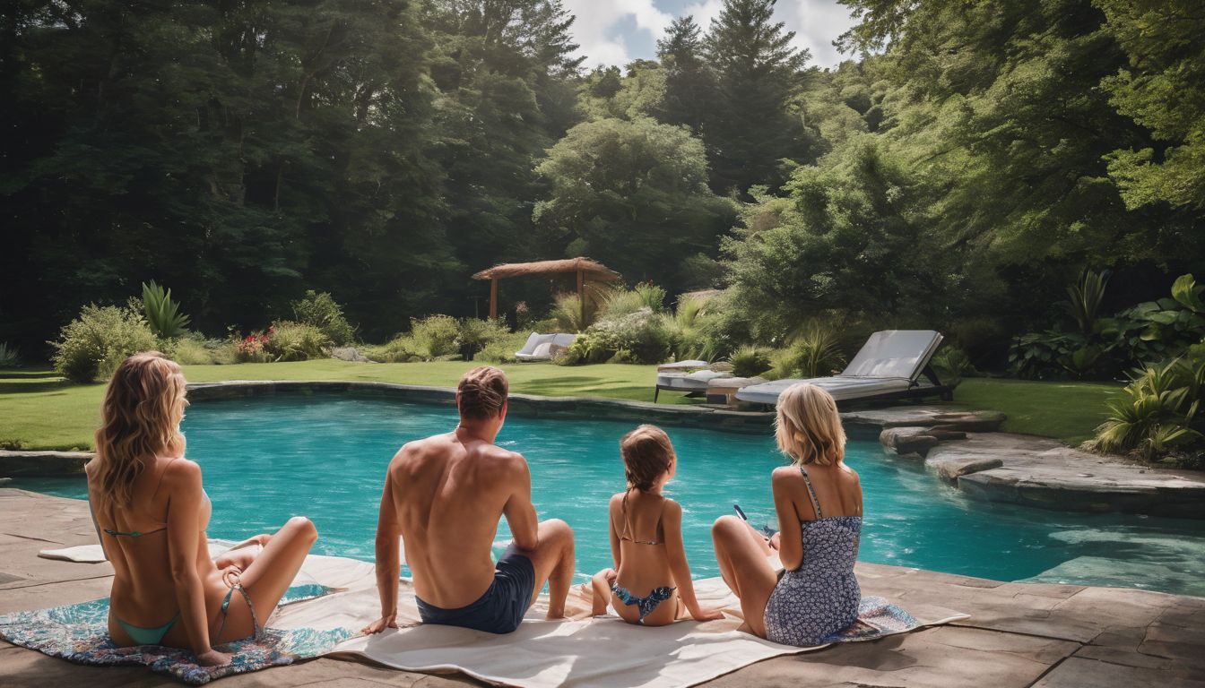 A diverse family enjoys a relaxing day by the pool in a lush green environment.