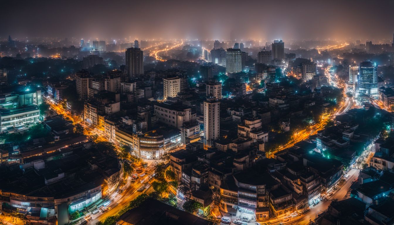 A vibrant nighttime cityscape of Dhaka with illuminated skyscrapers, bustling streets, and diverse individuals.