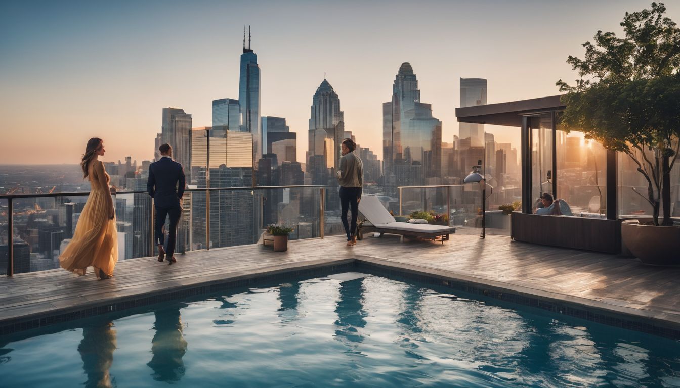 A diverse group of people enjoy a luxurious rooftop pool with a stunning city skyline view.