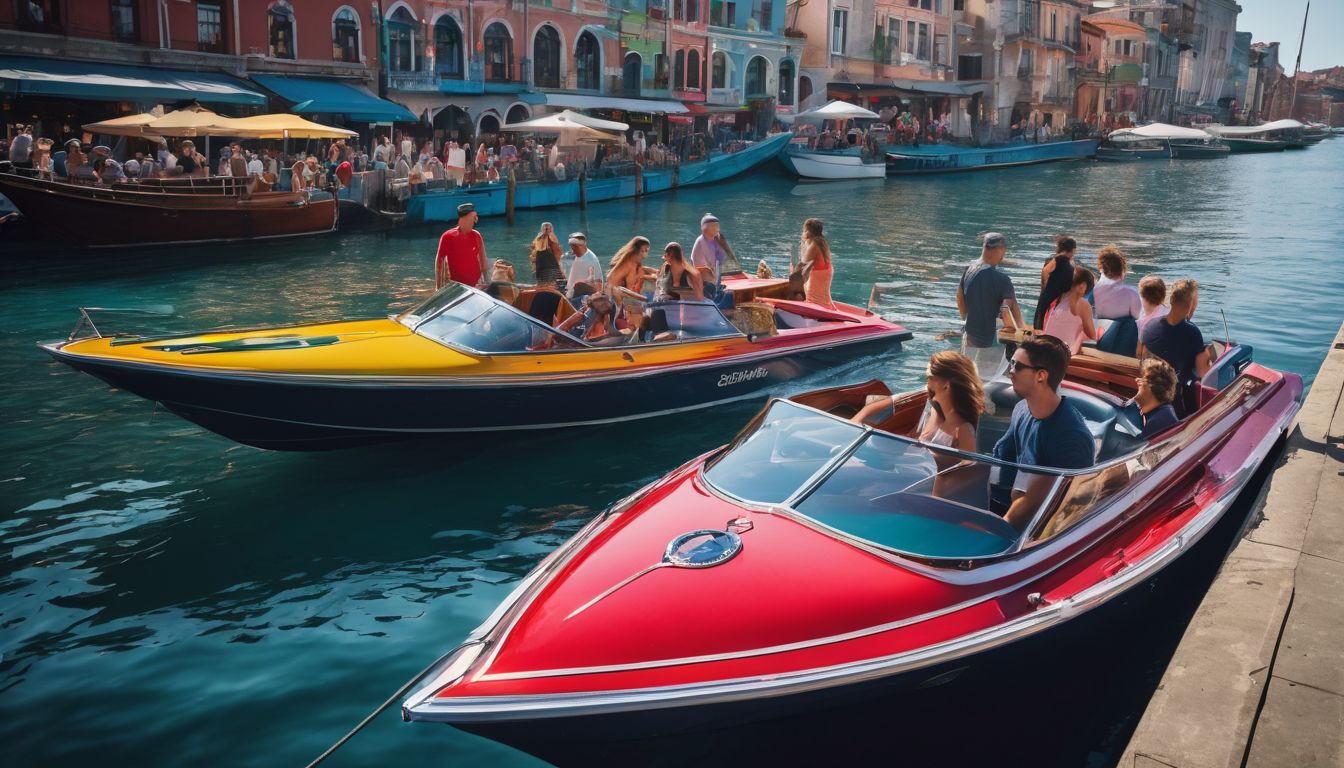 A diverse group of tourists board a colorful speedboat in a bustling port.