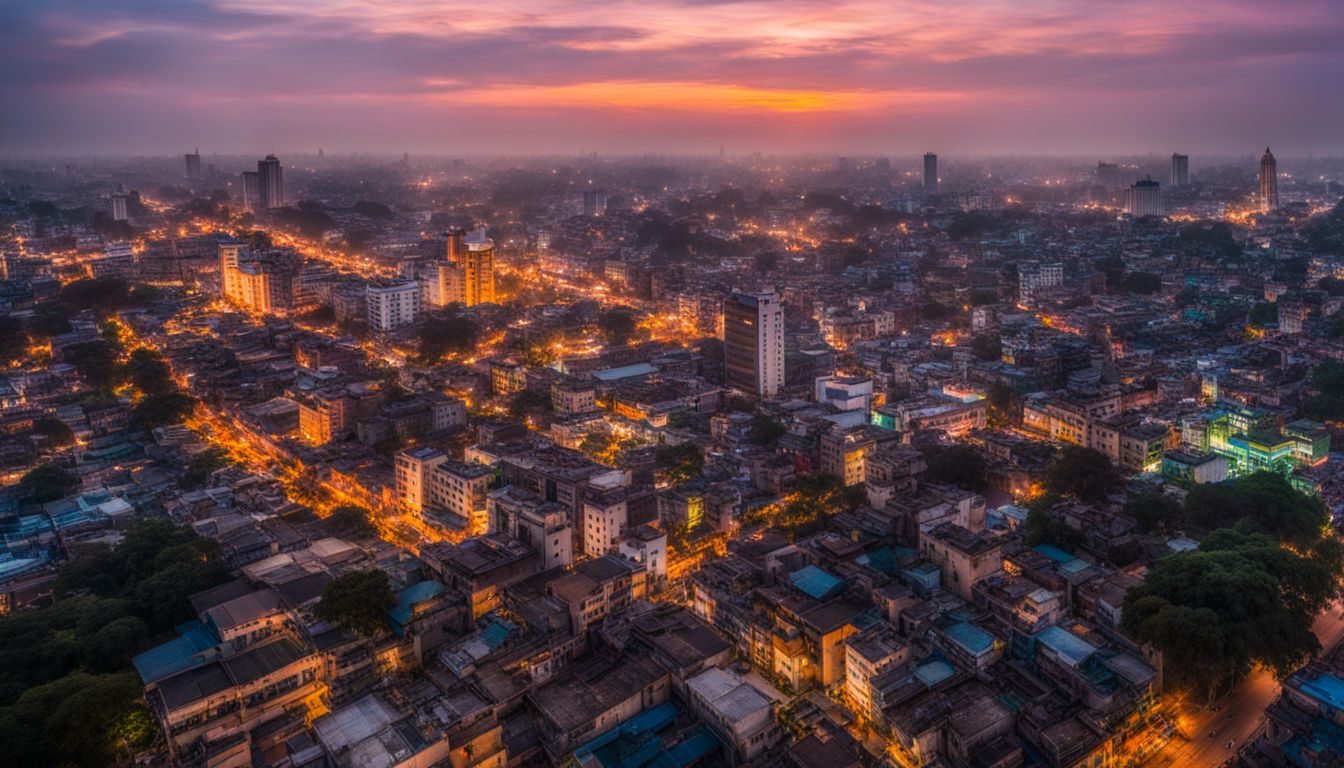 A stunning aerial view of the vibrant cityscape of Dhaka at sunset with diverse people and bustling atmosphere.
