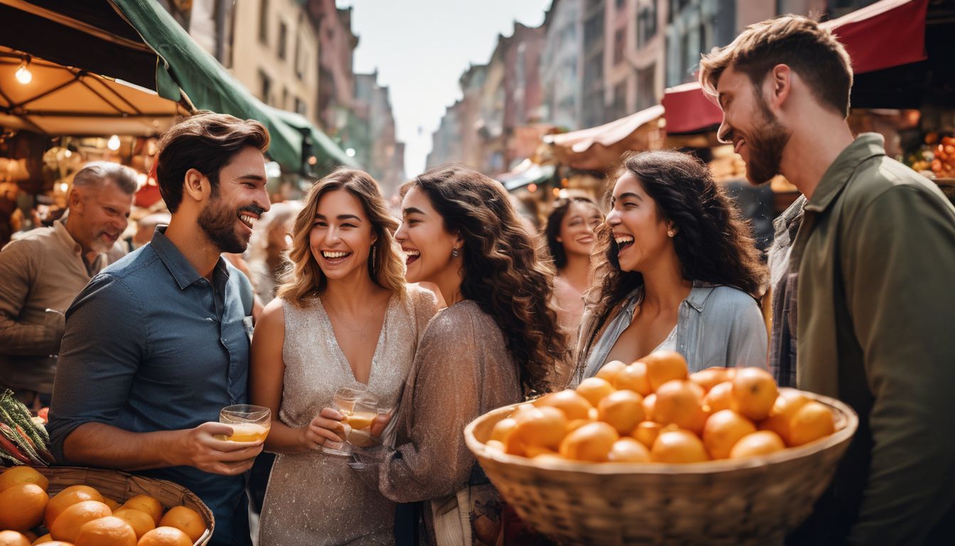 A diverse group of people joyfully celebrate together in a vibrant street market setting.