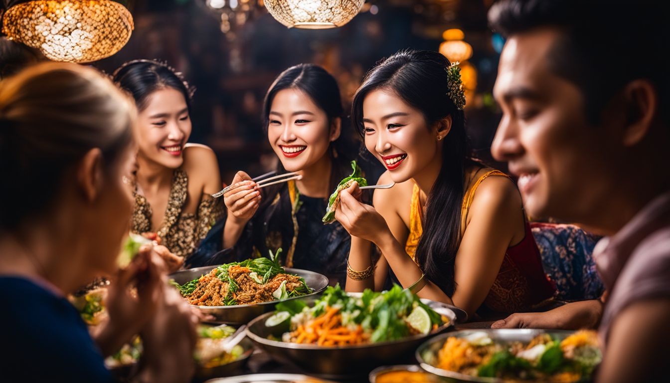 Customers enjoying a mouth-watering Southern Thai dish in a bustling atmosphere.