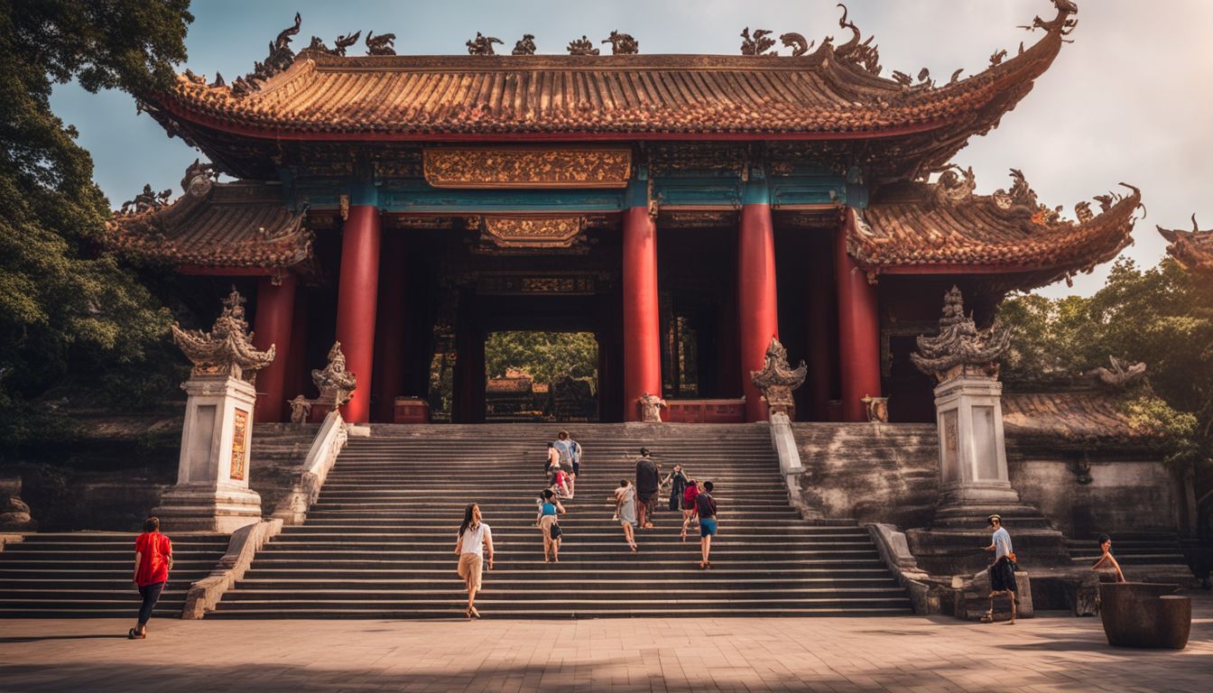 Tourists explore the bustling Hainan Temple, a historic site, with a well-lit entrance and diverse visitors.