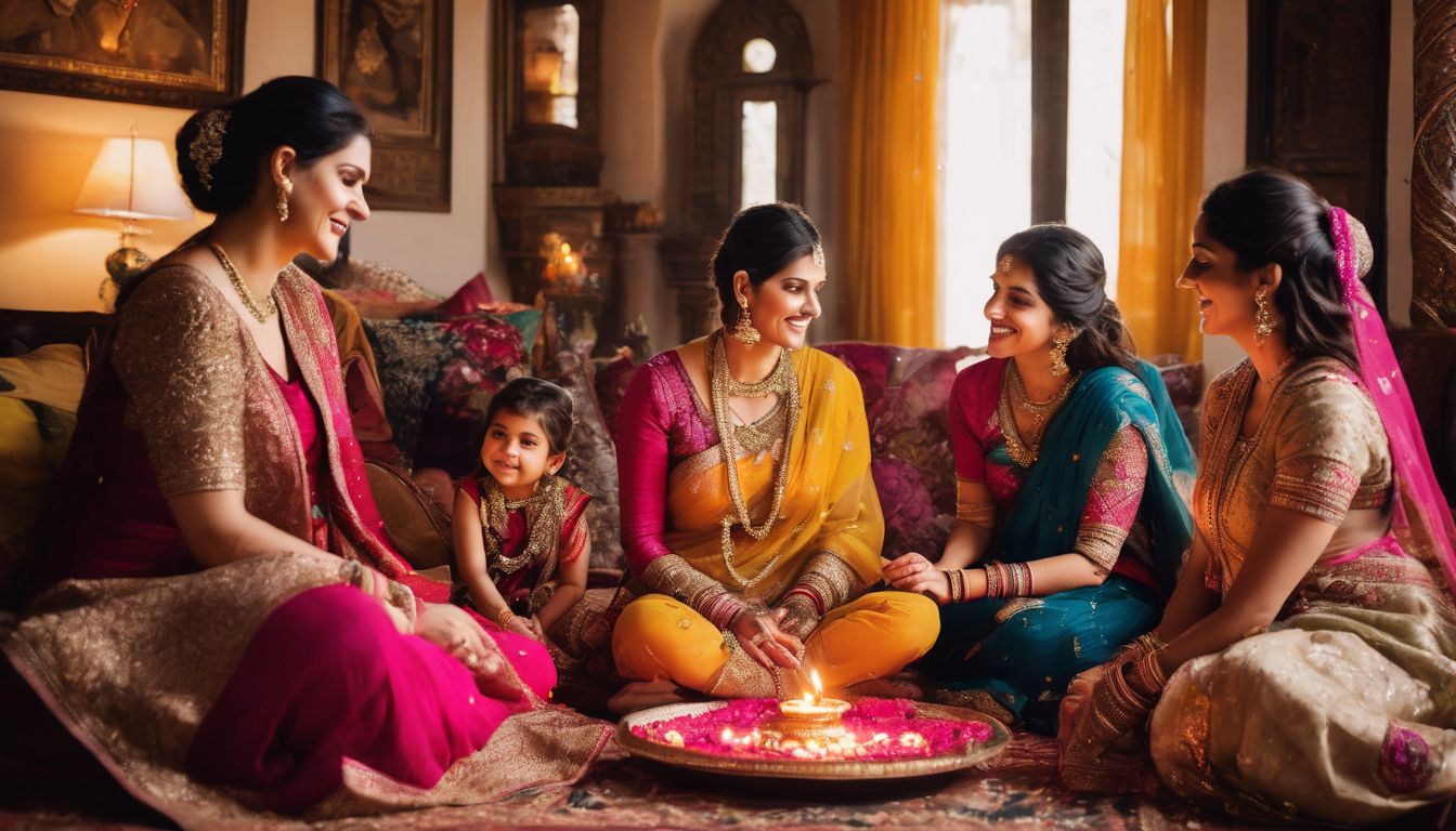 A family celebrates Diwali in a beautifully decorated living room, capturing the bustling and joyful atmosphere.