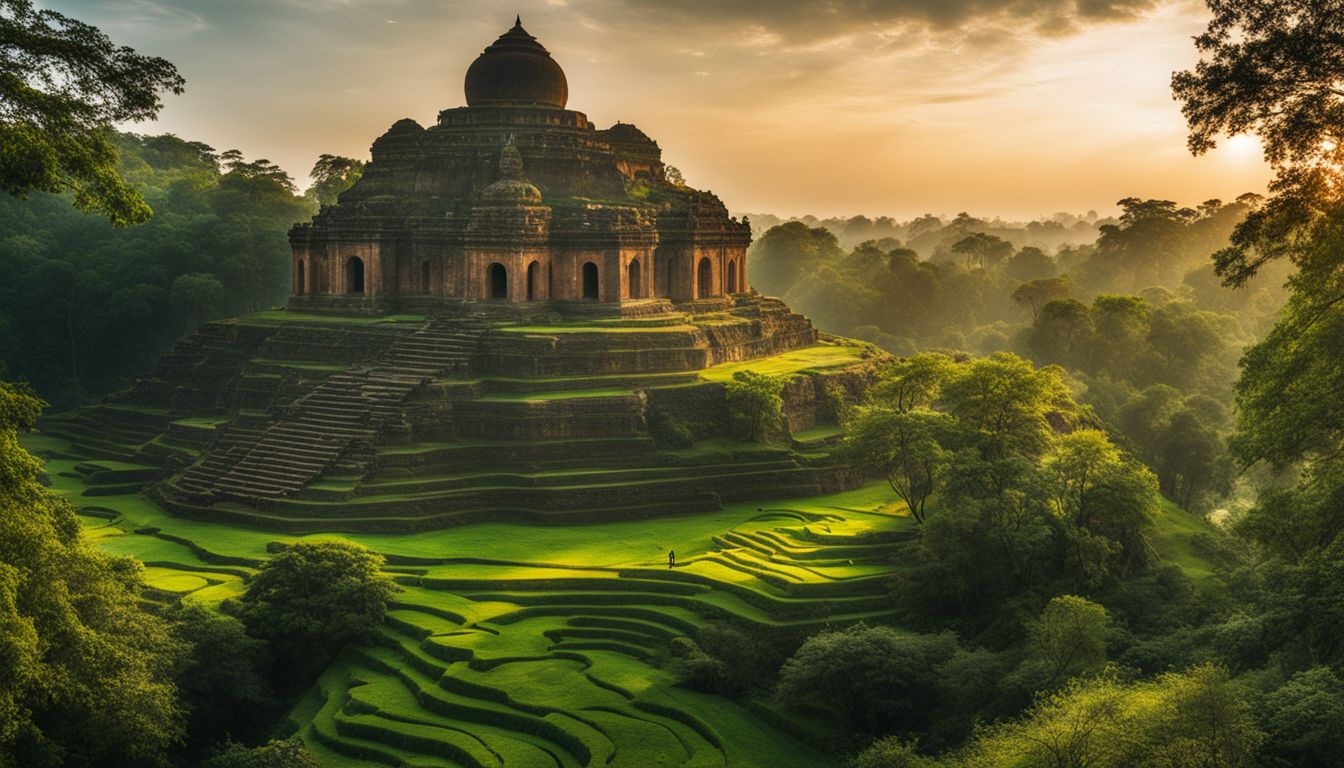 An ancient historical monument in Bangladesh is surrounded by lush greenery, portraying diverse individuals in different outfits.