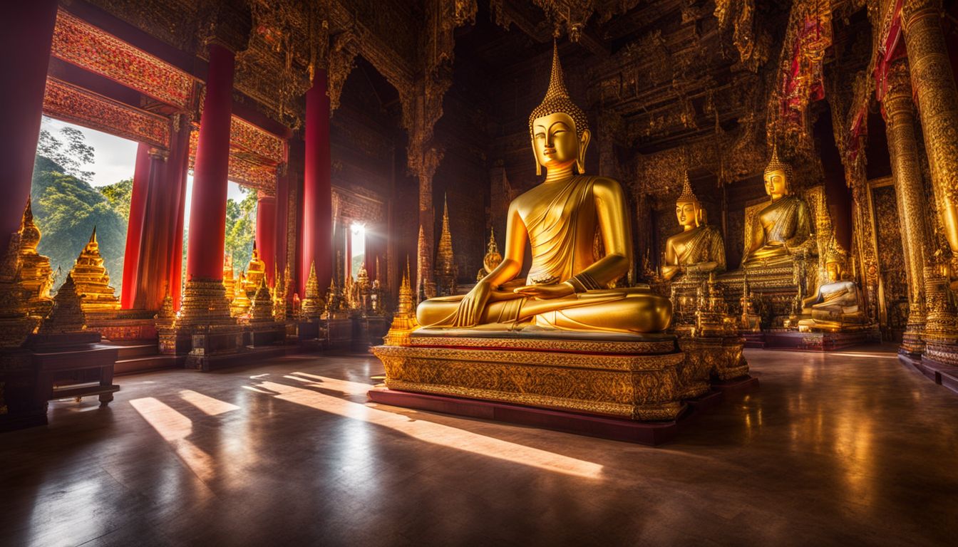 The photo captures the ornately decorated Principal Buddha image surrounded by a bustling atmosphere in Wat Bowonniwet.
