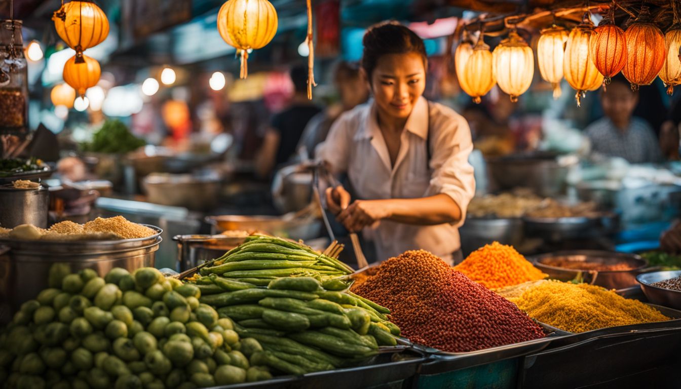 A close-up of a colorful street food stall in Bangkok's fresh market, capturing the vibrant and diverse Thai cuisine.