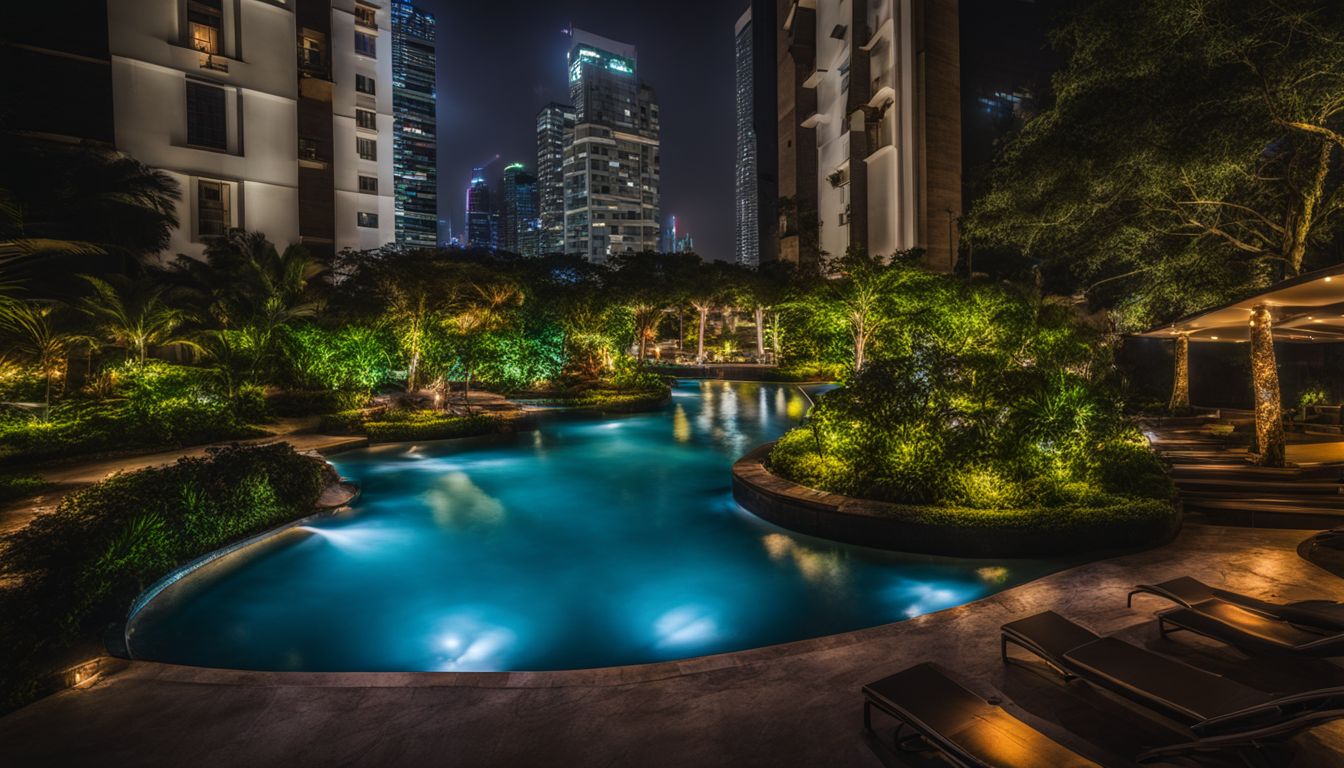 A photo of The Radisson Blu Dhaka Water Garden at night, capturing the bustling atmosphere and diverse faces.