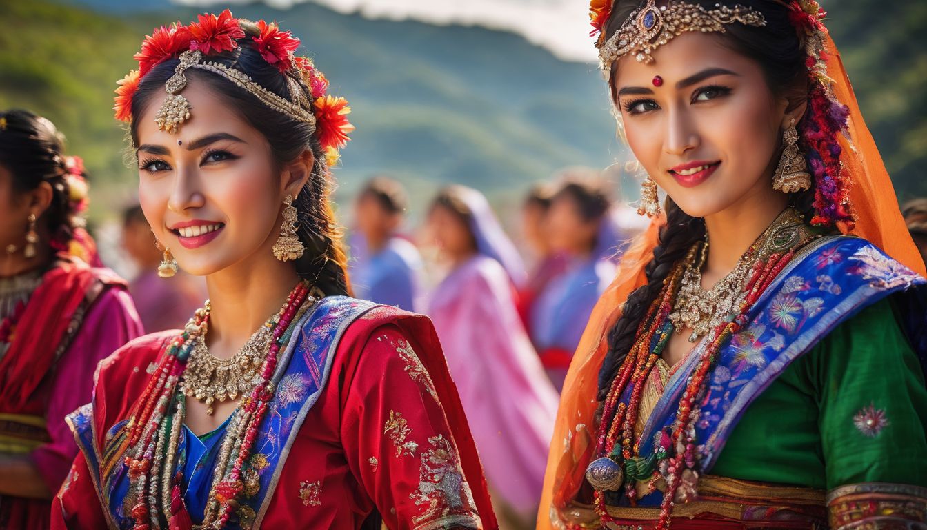 Colorful Rakhain women joyfully celebrate their culture through traditional clothing, dance, and vibrant expressions.