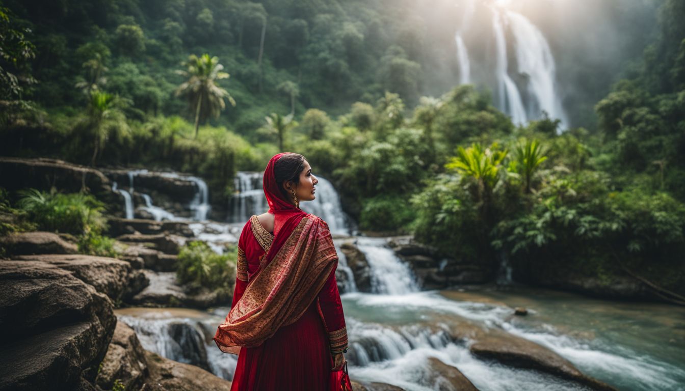 A woman in traditional Bangladeshi attire poses near the Shuvolong Waterfalls in a vibrant, bustling atmosphere.