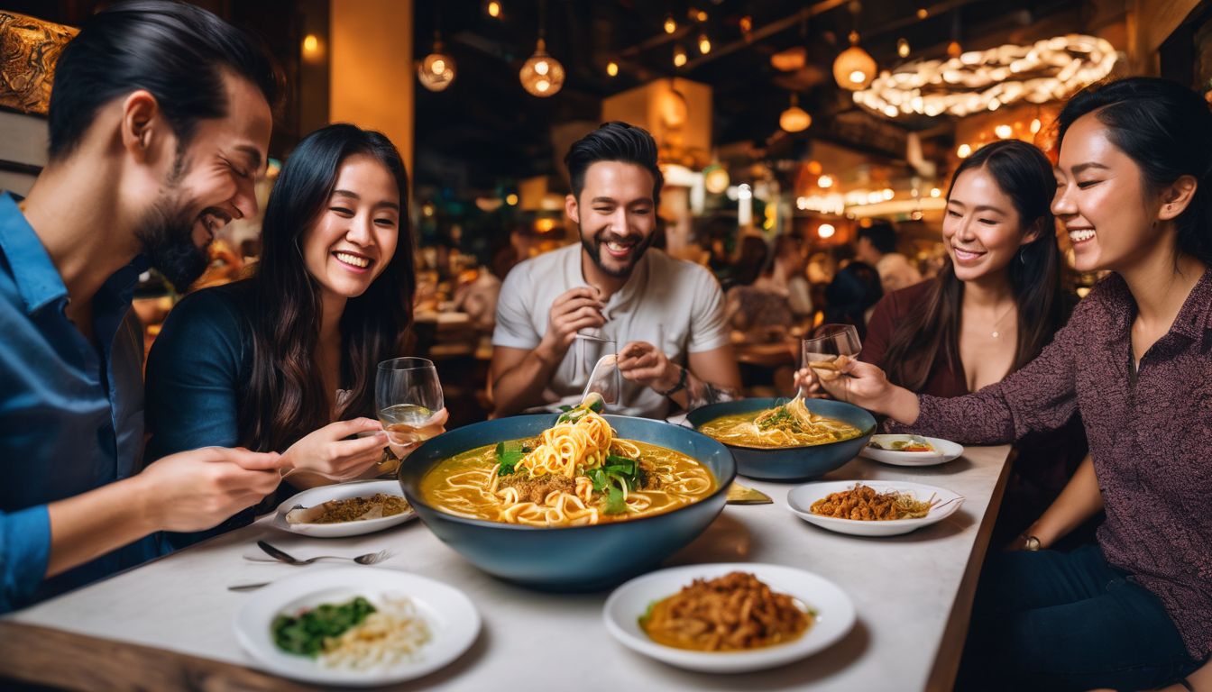 A diverse group of people enjoying a bowl of flavorful Khao Soi Lam Duan in a vibrant restaurant.