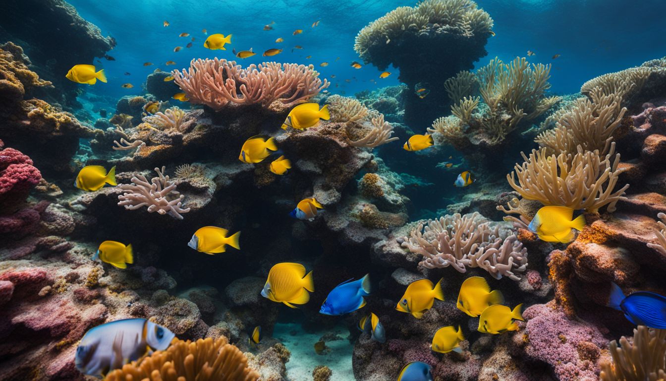 A school of brightly colored tropical fish swimming around a coral formation in crystal clear water.