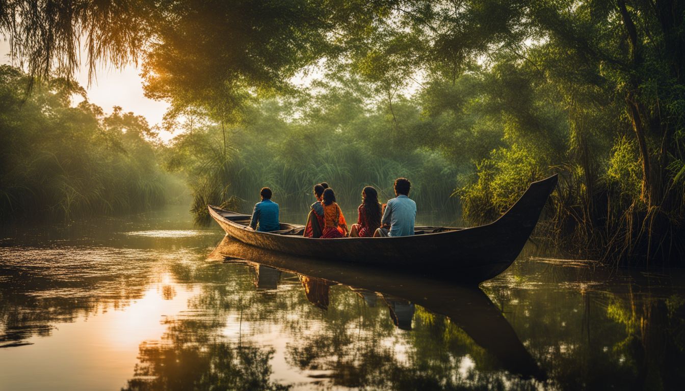 A tranquil boat ride through the Ratargul Swamp Forest capturing the beauty of nature with diverse individuals.