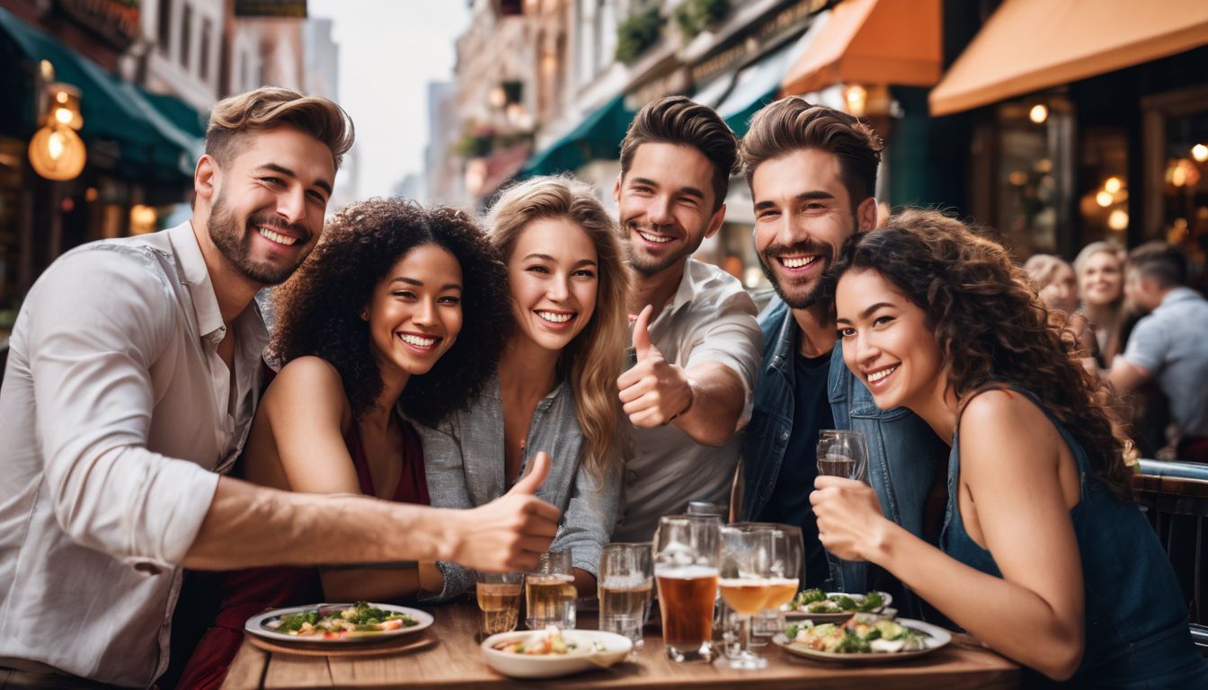 A diverse group of people pose happily in front of a restaurant, creating a bustling and positive atmosphere.
