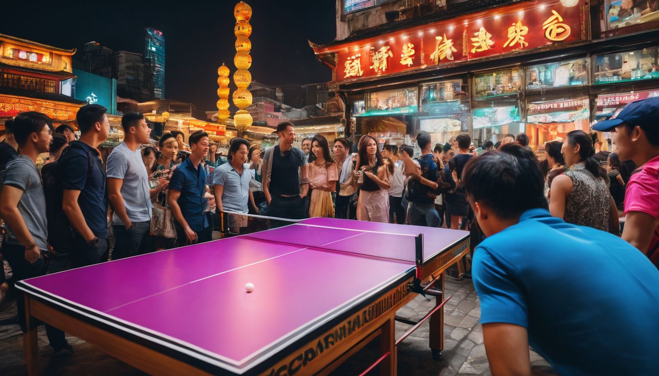 A diverse group of tourists watch a Thai ping pong show in a bustling cityscape.