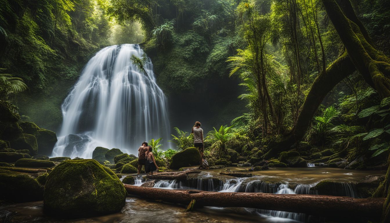 A vibrant photo capturing the beauty of a lush tropical rainforest with waterfalls, wildlife, and diverse individuals.