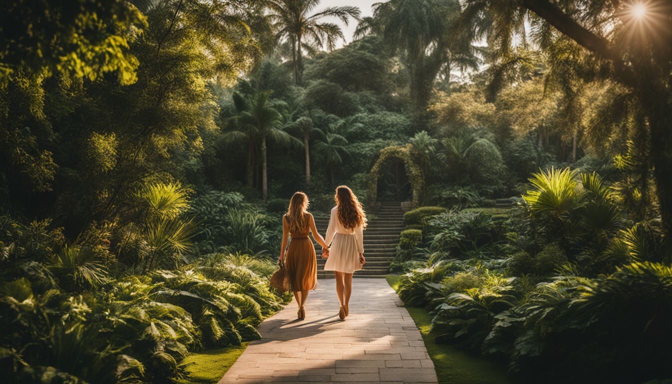A couple walks hand in hand through a lush botanical garden in a vibrant, bustling atmosphere.