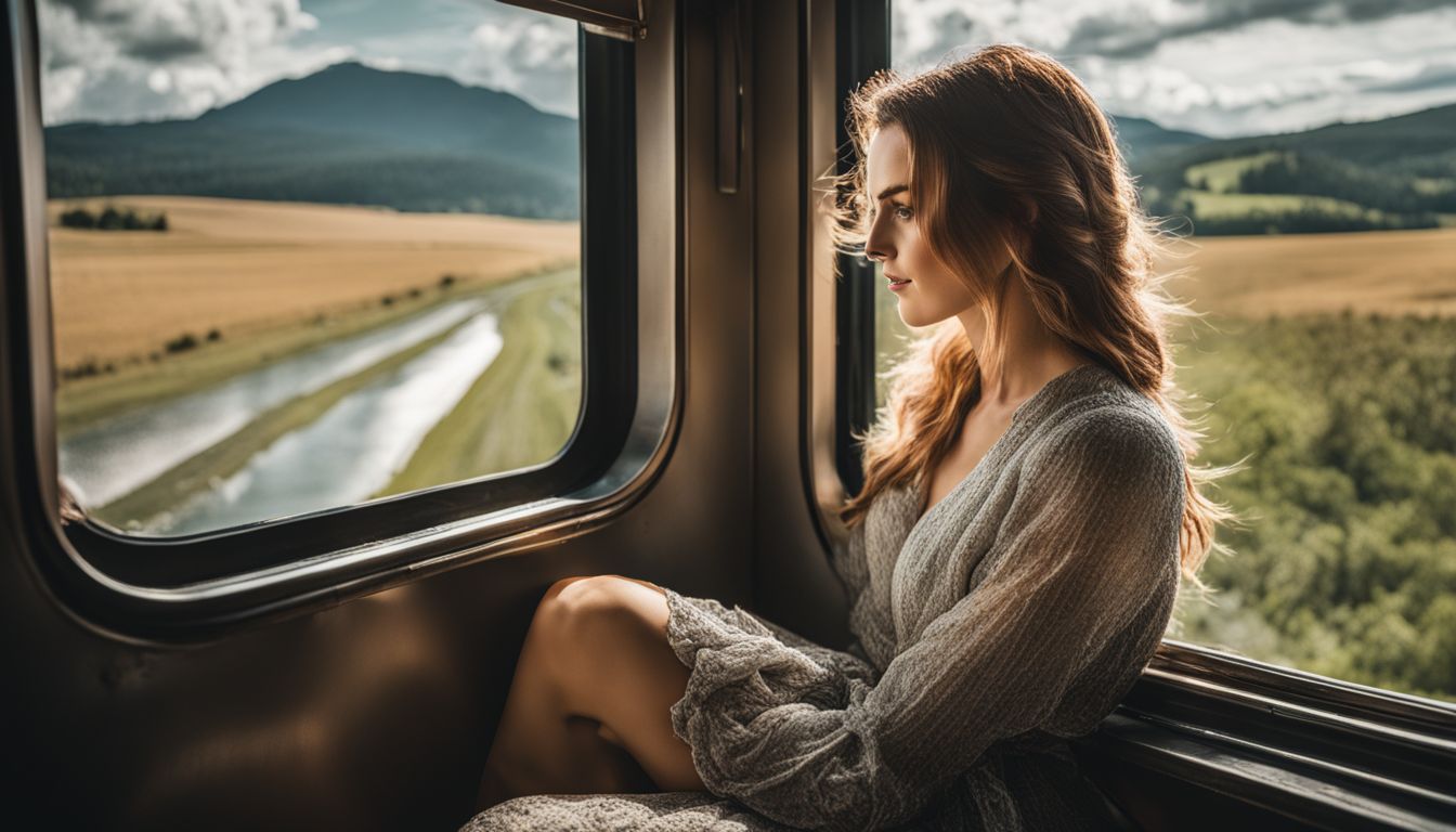 A woman enjoys the picturesque countryside from a train window while capturing the moment on her DSLR camera.