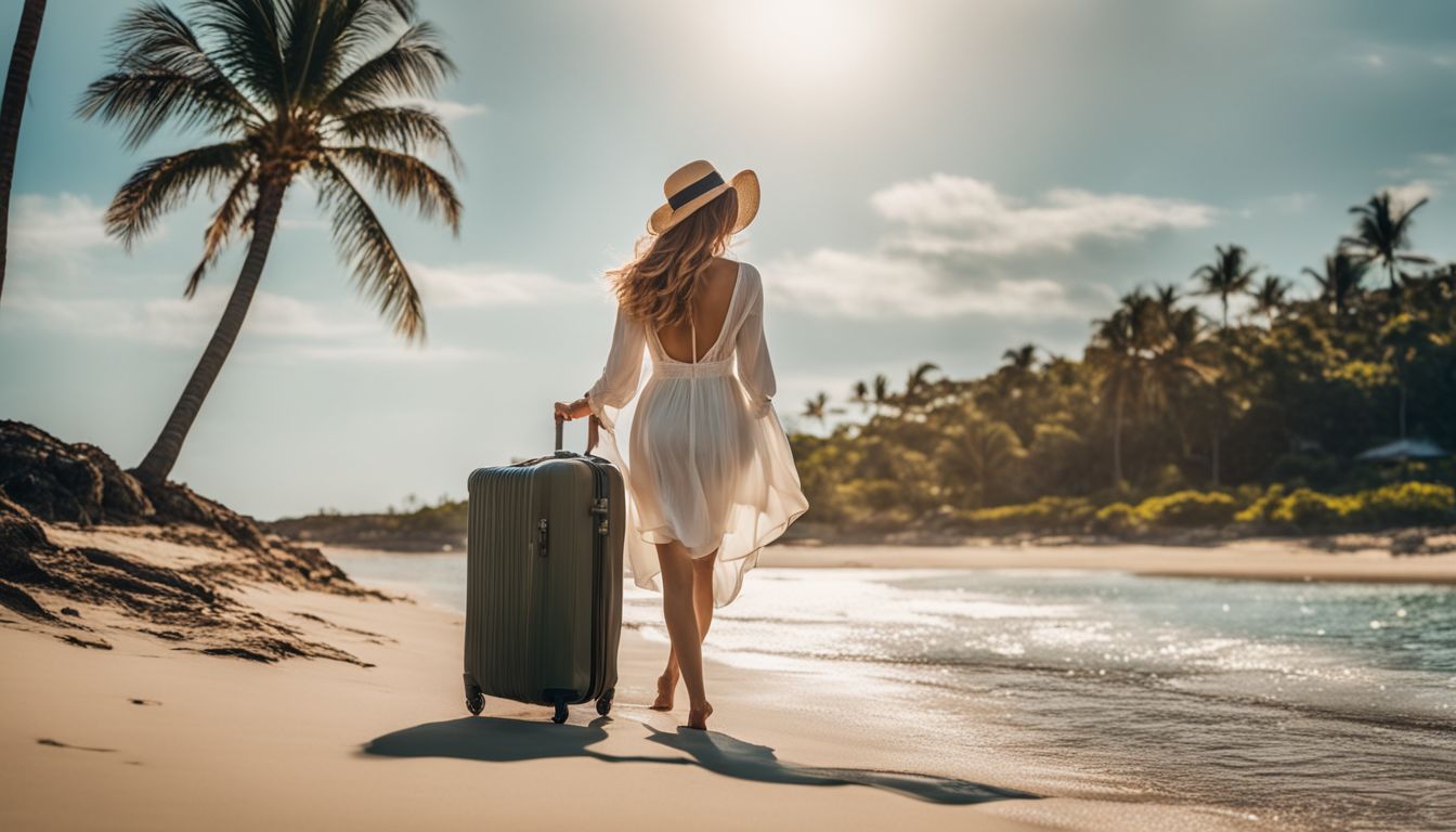 A woman walks on a tropical beach carrying a suitcase surrounded by a bustling atmosphere.