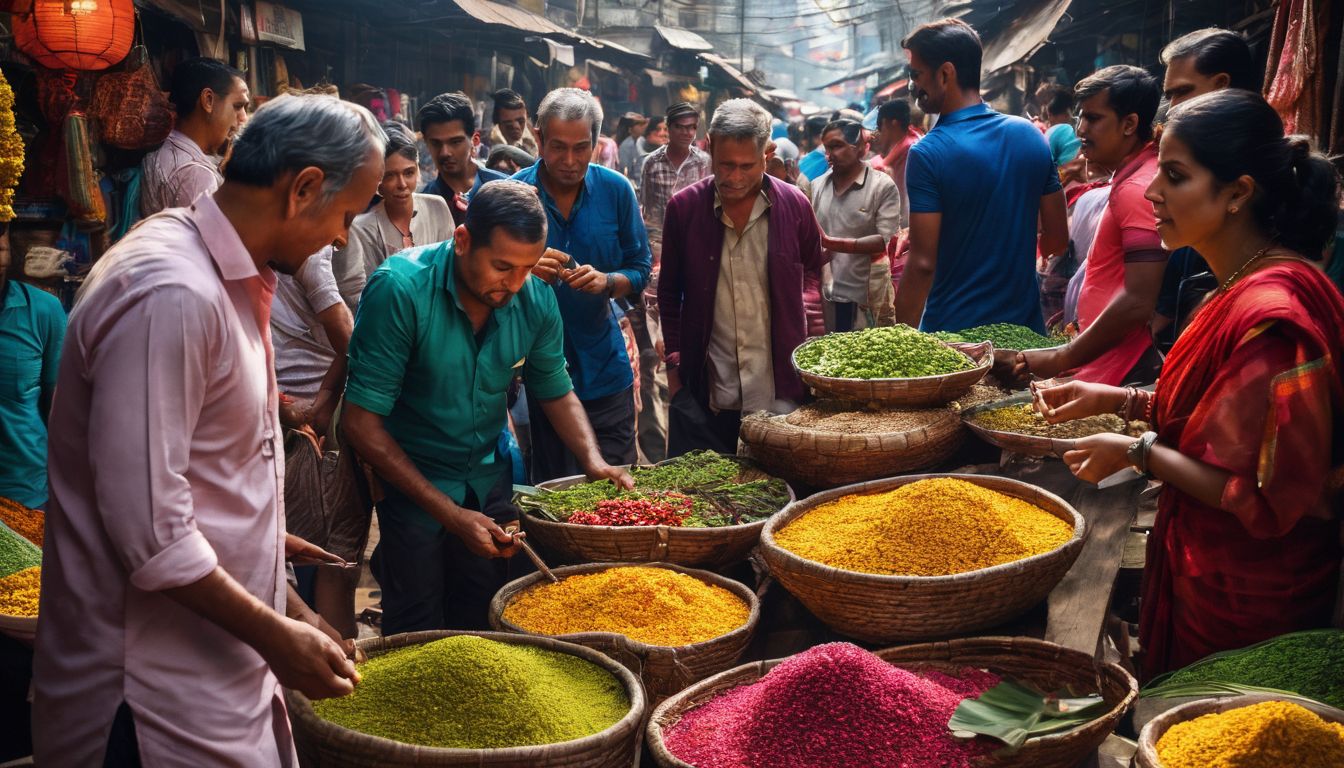 A diverse group of tourists explore a traditional Bangladeshi market in a bustling atmosphere.