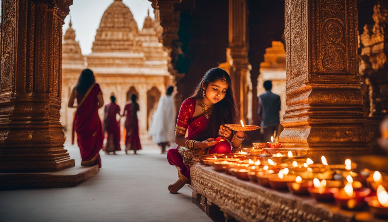 A young Hindu girl lights a diya in front of a beautifully decorated temple.