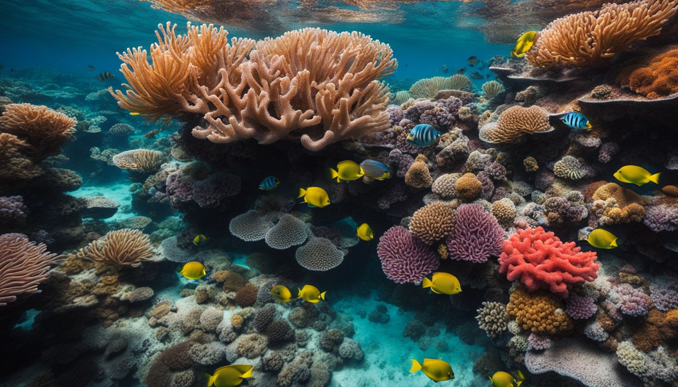 A vibrant coral reef teeming with marine life in a bustling underwater atmosphere.