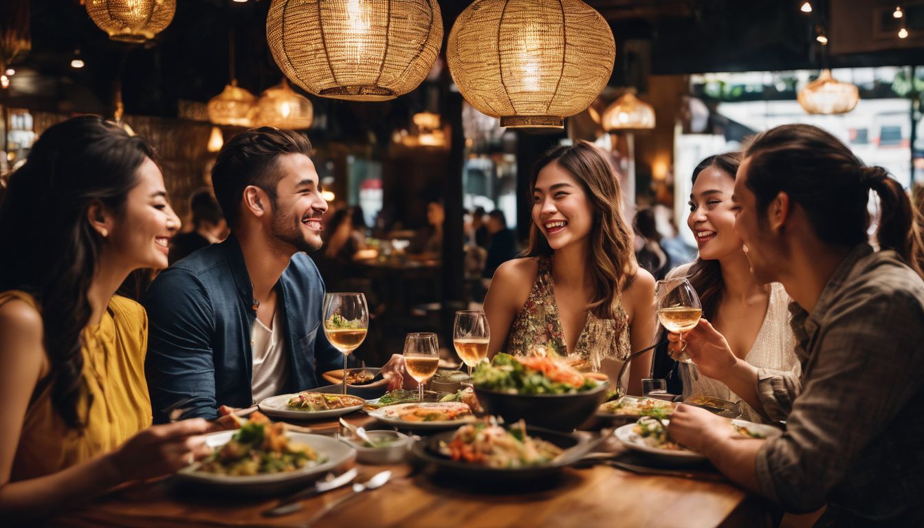 A diverse group of friends enjoy a delicious meal together at a lively Thai restaurant.
