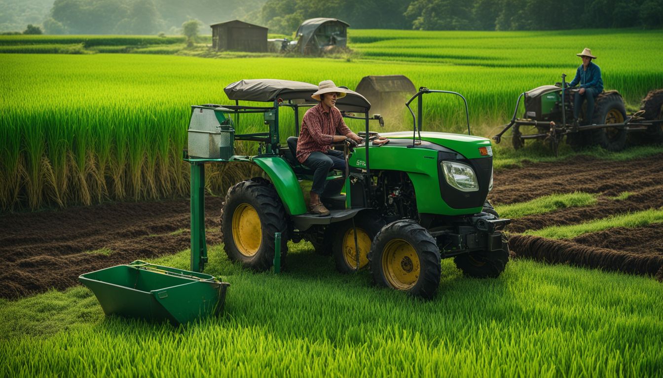 A rice farmer working in a vibrant field surrounded by agricultural equipment.