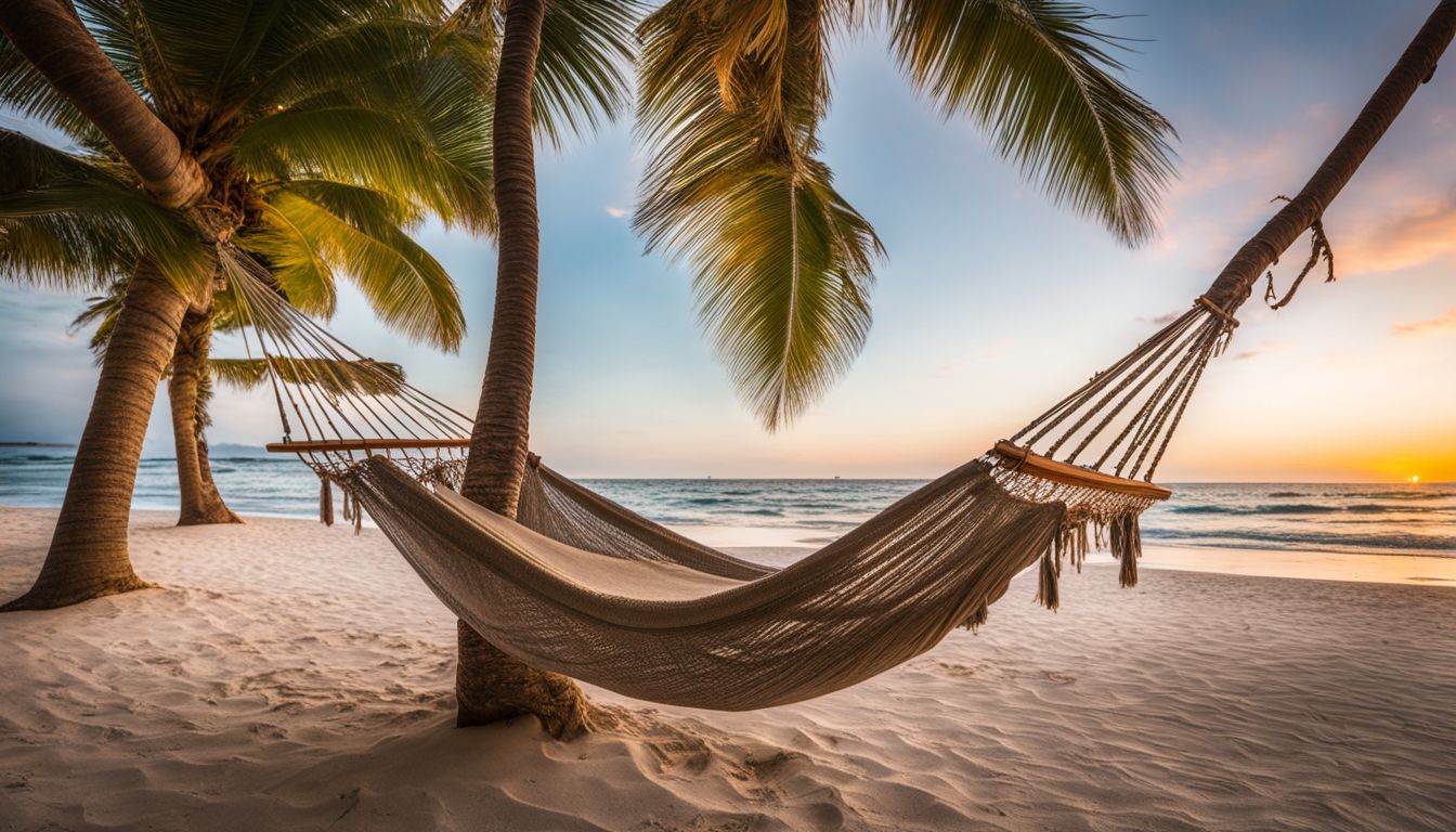 A hammock hangs between palm trees on a white sandy beach, capturing the beauty of nature and people enjoying a bustling atmosphere.