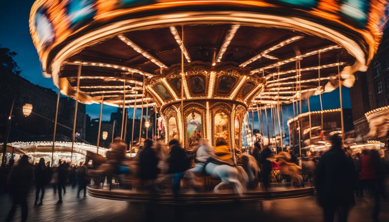 A vibrant carousel in a bustling cityscape, with people of diverse appearances and styles enjoying the ride.
